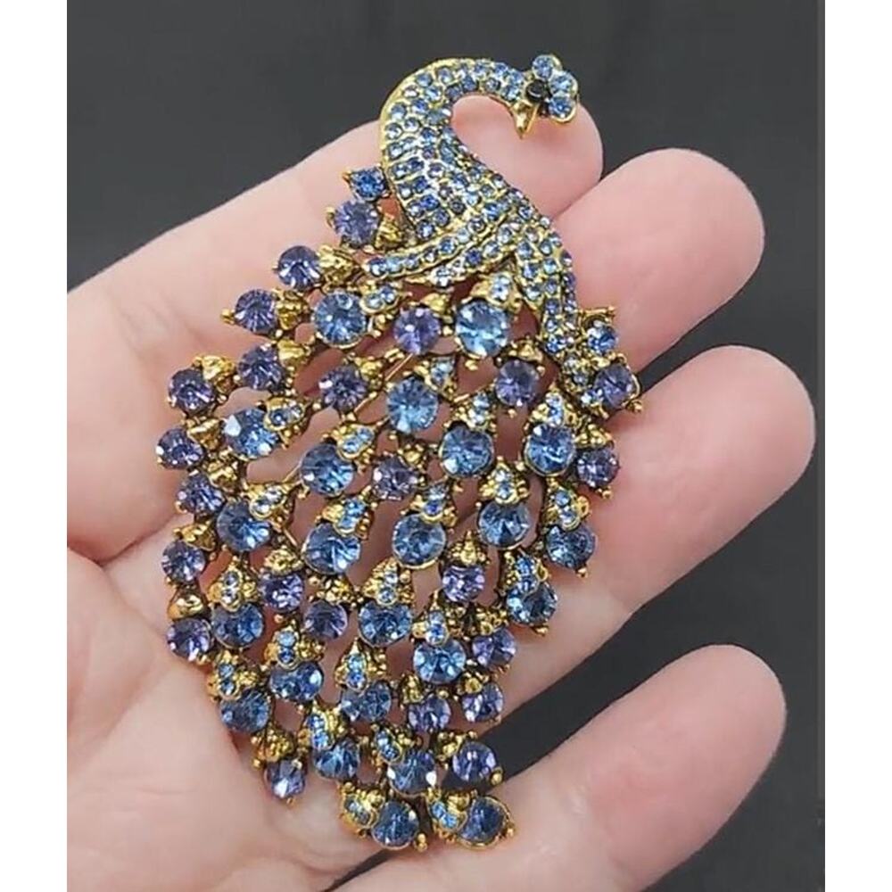 Peacock Brooch: Blue Rhinestone Jewels on Gold Tone Metal
